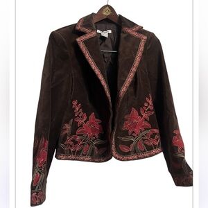 Nygard Collection Women's Blazer Sz 8 Petite Brown Velvet Embroidered Floral
